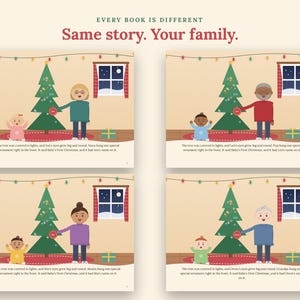 Puede incluir: Cuatro p&aacute;ginas de libro ilustradas con un &aacute;rbol de Navidad, una ventana y varios personajes. El texto dice: EVERY BOOK IS DIFFERENT. Same story. Your family. Cada p&aacute;gina muestra a un adulto y un beb&eacute; diferentes decorando un &aacute;rbol con un adorno.