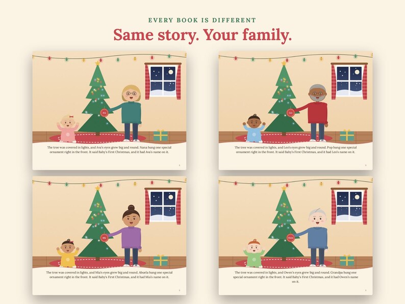 Puede incluir: Cuatro p&aacute;ginas de libro ilustradas con un &aacute;rbol de Navidad, una ventana y varios personajes. El texto dice: EVERY BOOK IS DIFFERENT. Same story. Your family. Cada p&aacute;gina muestra a un adulto y un beb&eacute; diferentes decorando un &aacute;rbol con un adorno.