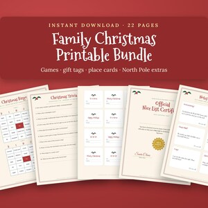 Utskrivbart julpaket för familjen, julfestspel för barn och vuxna, julbingo, frågesport, presentetiketter, placeringskort, PDF bild 1