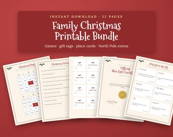 Family Christmas Printable Bundle, Christmas Party Games for Kids and Adults, Christmas Bingo, Trivia, Gift Tags, Place Cards, PDF