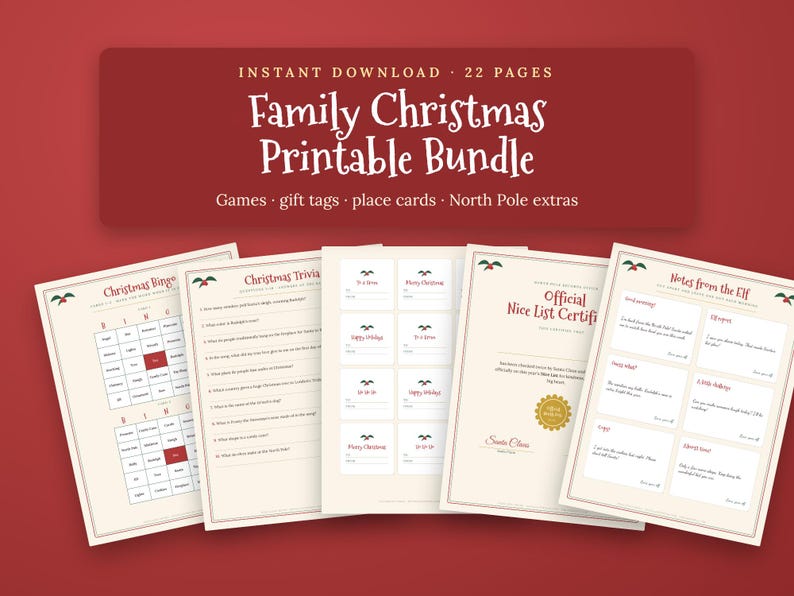 Utskrivbart julpaket för familjen, julfestspel för barn och vuxna, julbingo, frågesport, presentetiketter, placeringskort, PDF bild 1