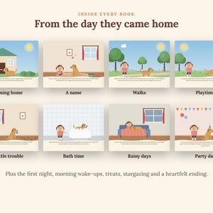 May include: A collection of eight illustrated storybook pages titled From the day they came home, featuring a child and a golden dog in various scenes including coming home, walks, playtime, bath time, rainy days, and a party day with text.