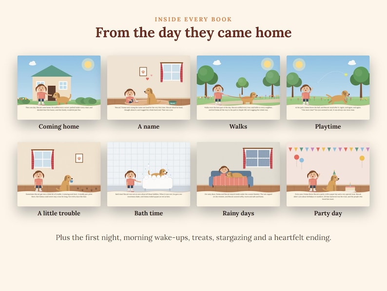 May include: A collection of eight illustrated storybook pages titled From the day they came home, featuring a child and a golden dog in various scenes including coming home, walks, playtime, bath time, rainy days, and a party day with text.