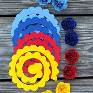 25 Red,Blue,Light Blue, and Yellow Rolled Paper Flowers. Autism Awareness. Table Scatter.