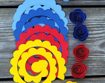 25 Red,Blue,Light Blue, and Yellow Rolled Paper Flowers. Autism Awareness. Table Scatter.