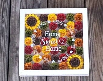 Home Sweet Home Paper Flower Shadow Box.New Home Gift.Custom 8 x 8 Shadow Box. Table Top Decoration