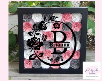 8 x 8 Paper Flower Shadow Box with Personalized Monogram and Color Choice - 8x8 Frame, Perfect for Weddings, Anniversaries, and More.