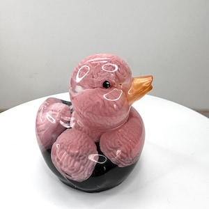 May include: A duck-shaped figurine made of clear resin, featuring a pink brain-like texture inside the head and body, a solid black base, and a smooth, opaque orange beak. The object has a glossy finish and a rounded, smooth exterior surface.