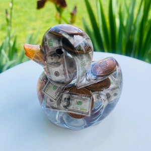 Money Duck! Pennies and mini 100 bills, Poker Duck, Resin Duck, Casino Duck, cruise fun, resin art, with gift box
