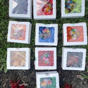 May include: Twelve small white boxes with clear plastic windows, each containing a colorful, confetti-like mixture. The boxes are arranged in three rows of four, on a bed of brown mulch.