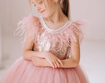 Charming Girl Tulle dress with Sequins Top and Feather Details - Elegant Special Occasion Dress