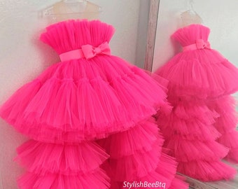 Ruffle Neon Pink Girl tulle dress Girl dress with train First Birthday outfit Photoshoot girl dress Toddler party dress Fancy dress girl