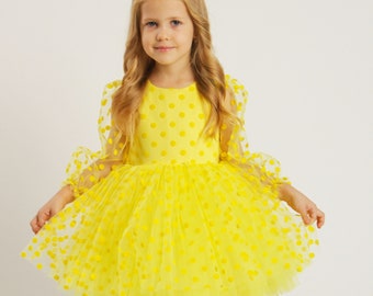 Girl Yellow Dress Polka dot dress girl Baby dress First Birthday dress 1st birthday dress Toddler party dress Fancy Dress girl Flower girl