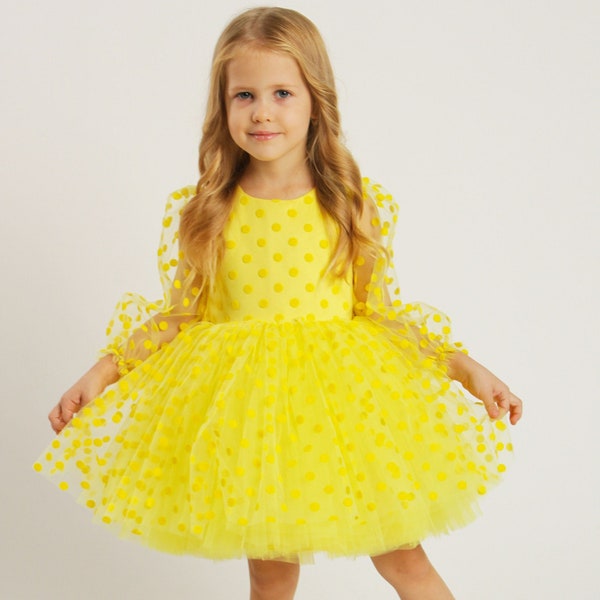 Yellow Dress Polka dot yellow Baby dress First Birthday outfit Yellow girl dress dress Toddler party dress Fancy Dress girl Flower girl