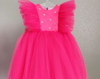 Fancy Pink Girl Tulle dress Baby dress First Birthday outfit Pink Tutu dress Photoshoot girl dress Toddler party dress Fancy dress girl