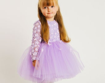 3D Flowers Dress Lavender Tulle dress First Birthday outfit girl dress Photoshoot girl dress 3D flower dress Fancy Dress girl Flower girl