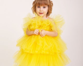 Yellow Girl tulle dress Baby dress First Birthday outfit Taupe girl dress Big bow dress Princess dress Toddler party dress Fancy dress girl