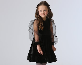 Black Velvet dress with tulle sleeves Flower girl dress Black Velvet girl dress Black Toddler girl dress Toddler party dress Birthday dress