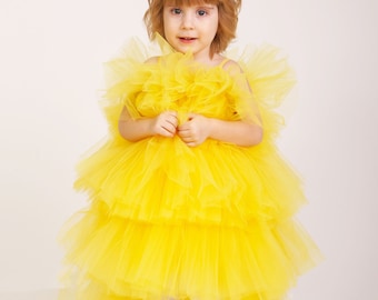 Puffy Yellow Тulle dress Yellow Flower Girl dress First Birthday outfit Tulle dress Photoshoot dress Boho girl dress Toddler party dress