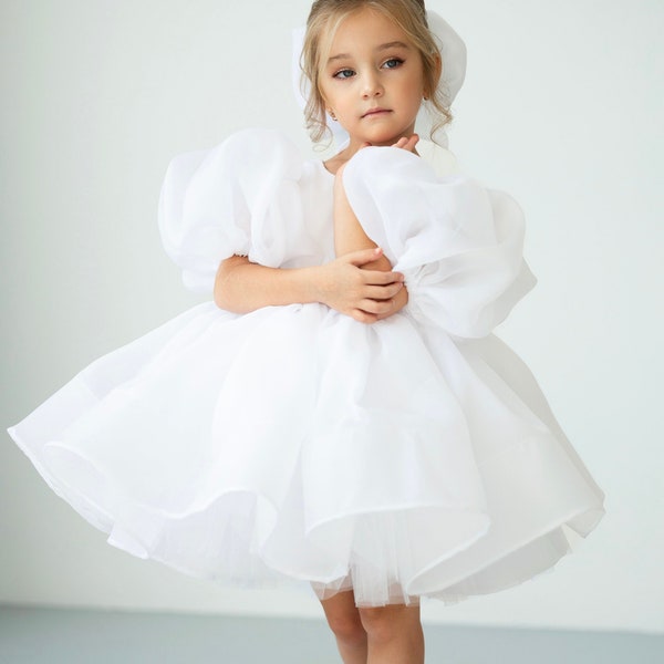 Robe en organza blanche, robe de demoiselle d'honneur blanche, robe de premier anniversaire, robe de fille ivoire, robe de princesse, robe de soirée pour tout-petit, déguisement fille