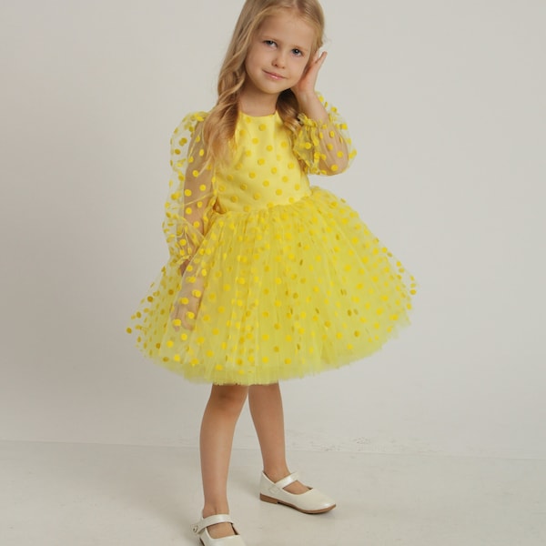 Robe jaune à pois jaune robe de bébé tenue de premier anniversaire robe de fille jaune robe de fête pour tout-petits robe fantaisie fille fille de fleur