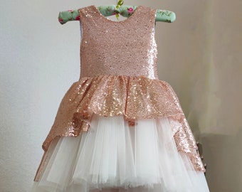 Blush Sequins Dress Flower girl Dress Baby First Birthday Outfit Blush girl dress Toddler party dress Fancy Dress Photoshoot Big Bow dress