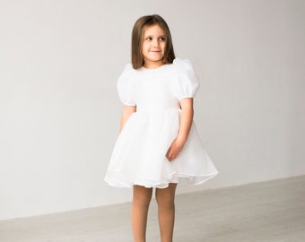 Girl Organza dress White Flower girl dress Ivory First Birthday outfit Pink Princess dress Toddler party dress Ivory puf sleeves dress