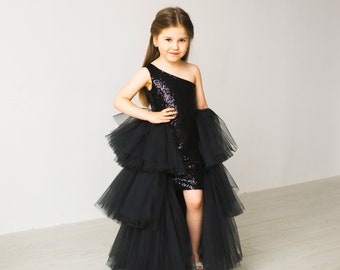 Black Sequins Girl tulle dress One shoulder dress First Birthday outfit Black Sparkle girl dress Photoshoot girl dress Toddler party dress