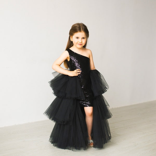 Black Sequins Girl tulle dress One shoulder dress First Birthday outfit Black Sparkle girl dress Photoshoot girl dress Toddler party dress