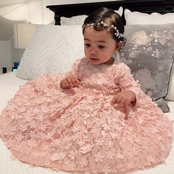 Beautiful 3D flower Girl Dress Toddler Birthday Blush Dress Pink Dress 3D Lace Dress Princess Dress Girl Lace Dress First Birthday outfit