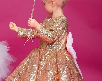 Gold Sequins Dress Infant Wedding Dress Birthday Dress Party Pink Dress Pageant Tutu Tulle Princess Dress Girl Tulle First Birthday outfit