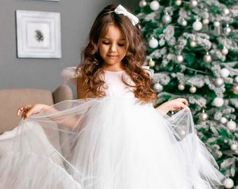 White Tulle Dress Girl Shiny girl dress First Birthday outfit White sequin girl dress Toddler party dress Fancy Dress girl Flower girl dress