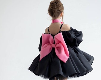 Abito in organza nero con fiocco, abito da ragazza di fiori nero con girocollo, abito per il primo compleanno Abito da principessa Abito da festa per bambini Abito fantasia