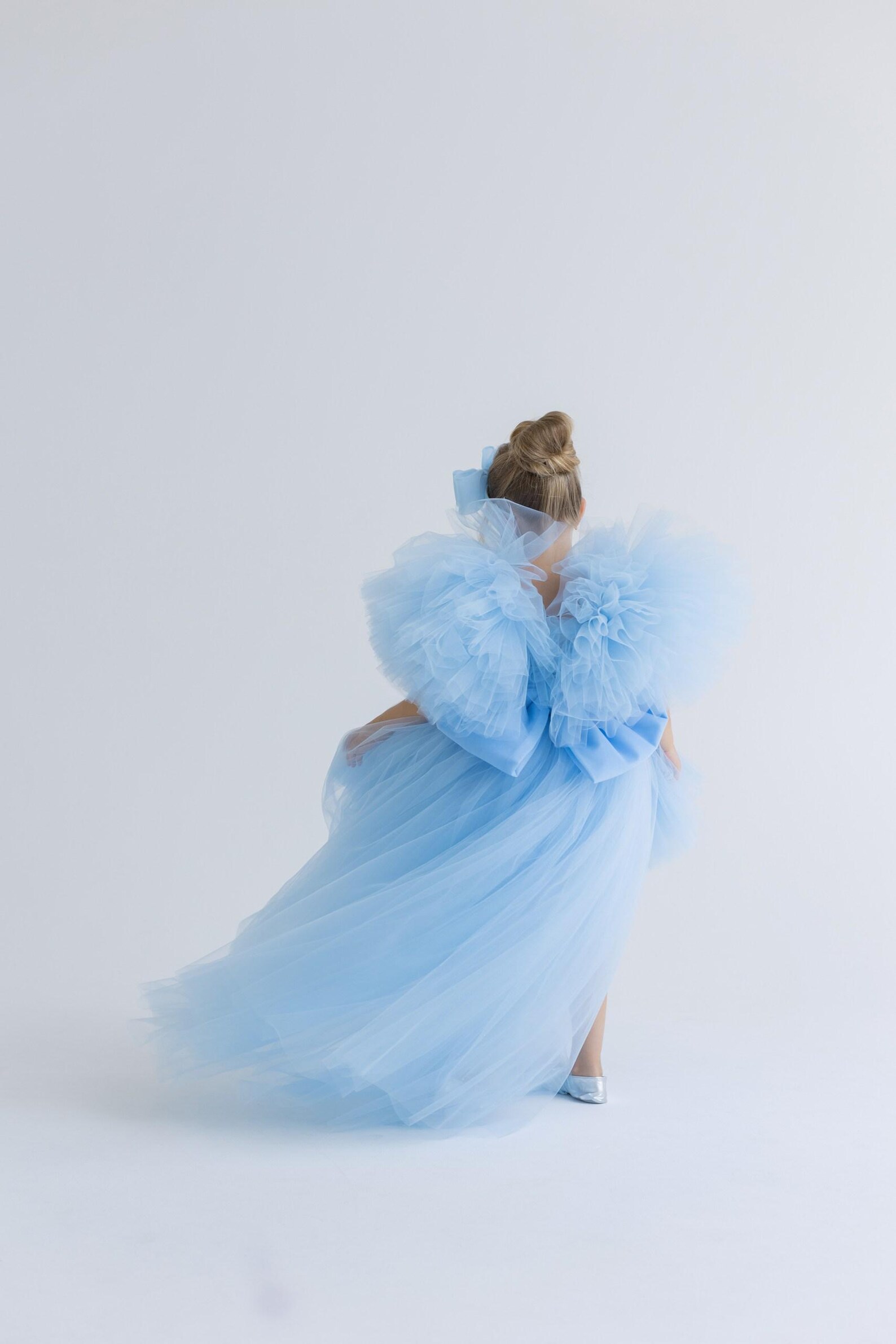 Cute Off-the-shoulder Pleated Girl's Dress Sky Blue
