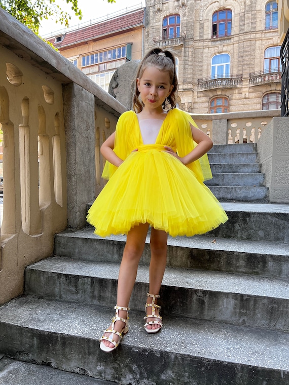 Vestido de tul amarillo Vestido de nina de las flores amarillas Traje de primer cumpleanos Vestido