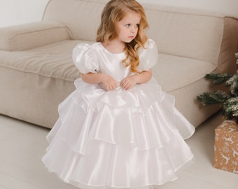 NOUVEAU! Robe blanche de fille de fleur, robe de premier anniversaire, robe de fille ivoire, robe de princesse, robe de fête d’enfant en bas âge Fille de déguisement, robe de fille blanche