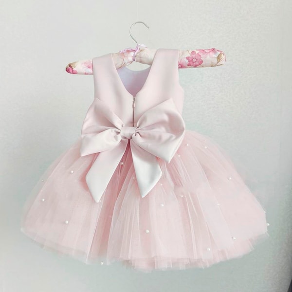Pink Dress with pearls Pink Baby dress First Birthday outfit Pink girl dress dress Toddler party dress Fancy Dress girl Flower girl