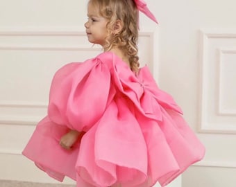 Pink Organza dress with Hair Bow, Pink Flower Girl Dress, First Birthday dress, Princess dress, Toddler party dress, Fancy dress girl