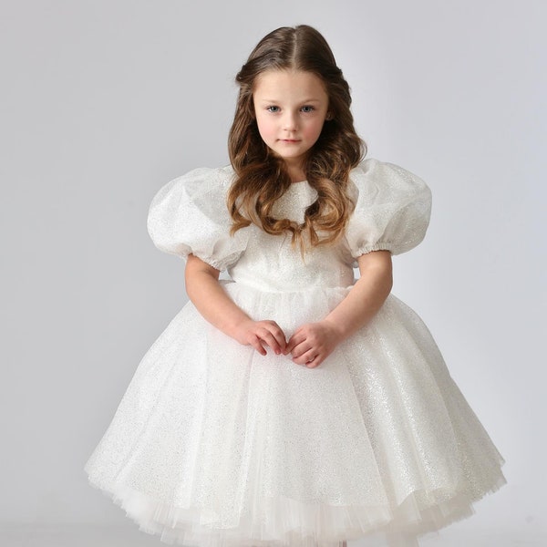 Ivory Flower Girl dress Ivory wedding dress toddler puff sleeve dress Handmade Organza puffy dress white dress for kids Organza dress