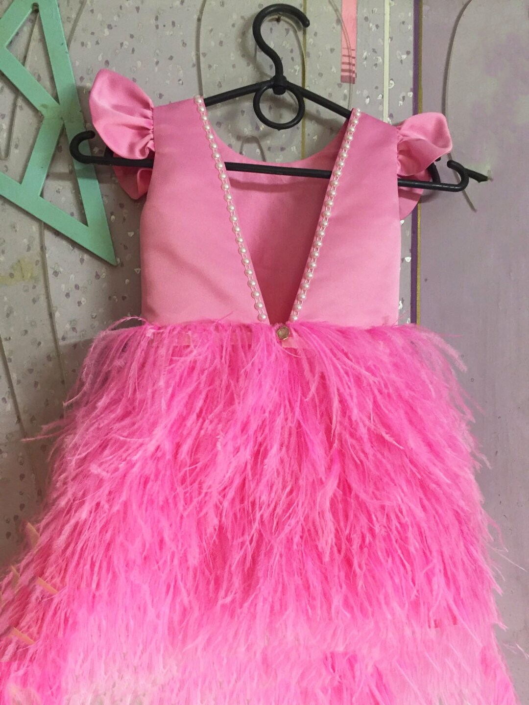 Bright Pink Feather Dress Girl Pink Dress Flower Girl Dress First