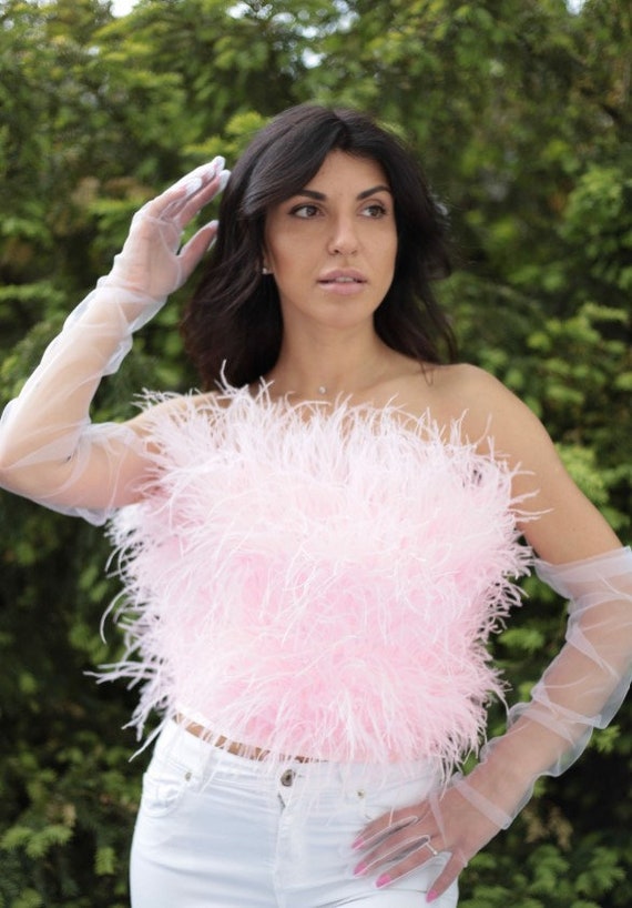 Beautiful Pale Pink Feather Ostrich Top Crop Top Bridesmaid