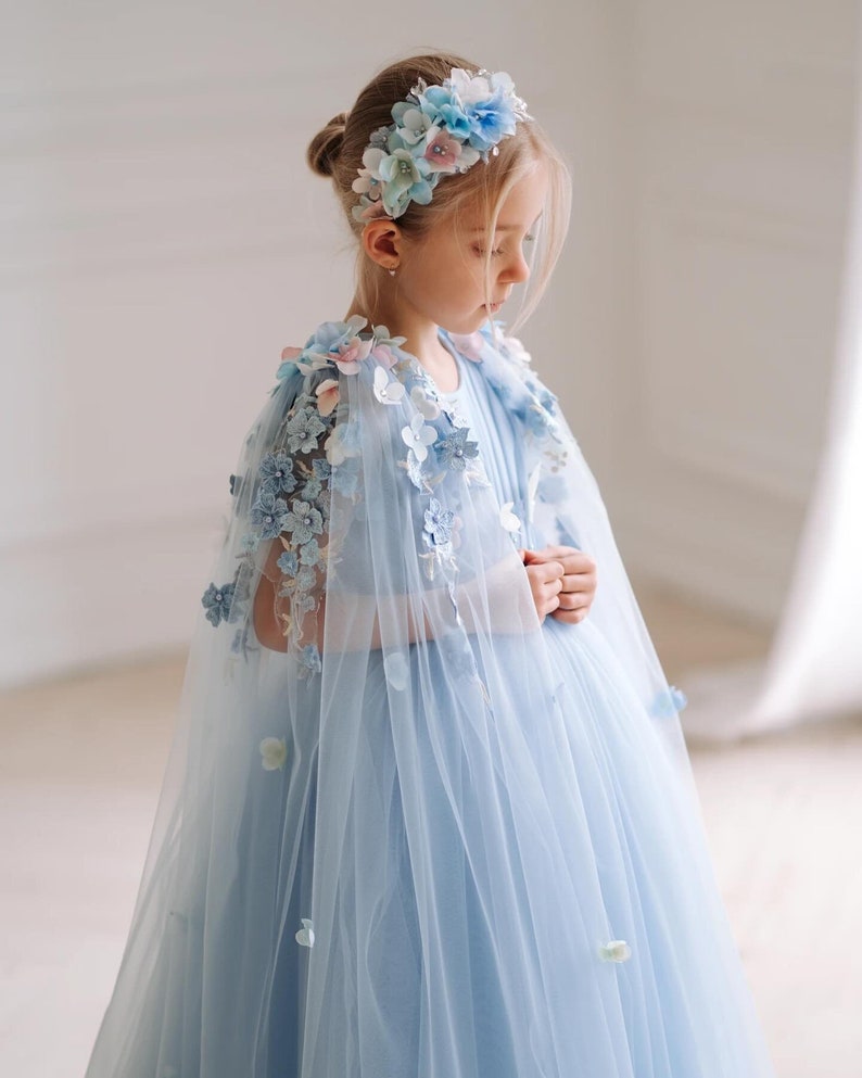 Beautiful Floral Girl Blue dress Flowers Baby dress First Birthday outfit Blue Tutu dress Photoshoot girl dress Toddler party dress image 1