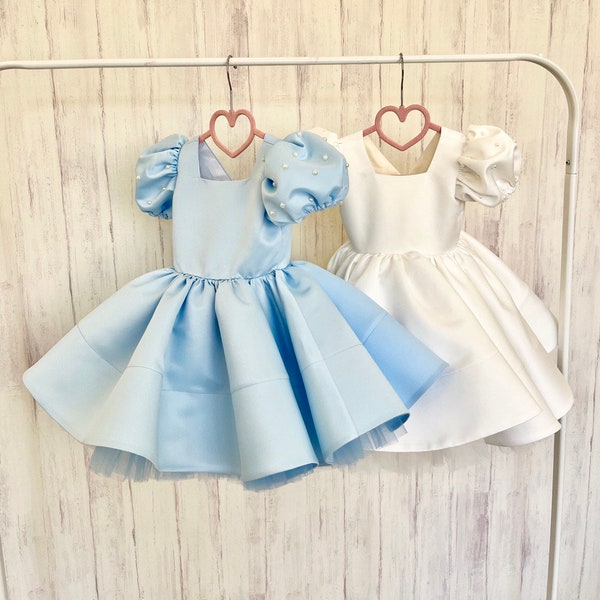 Blue Satin dress, White Flower Girl dress, First Birthday dress, Ivory Girl Dress, Princess dress, Toddler party dress, Fancy dress girl