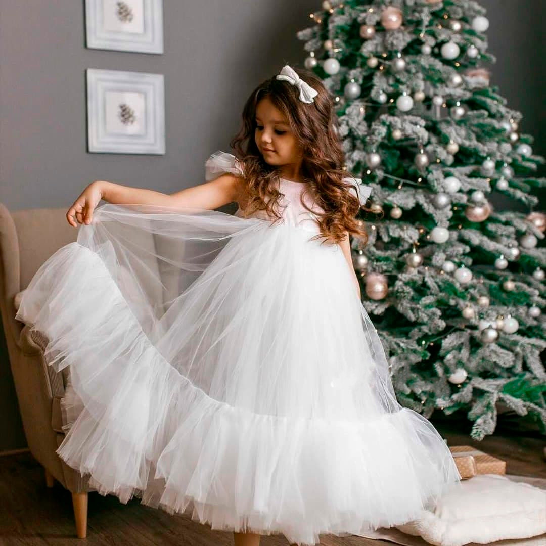 White Tulle Dress Girl Shiny Girl Dress First Birthday Outfit
