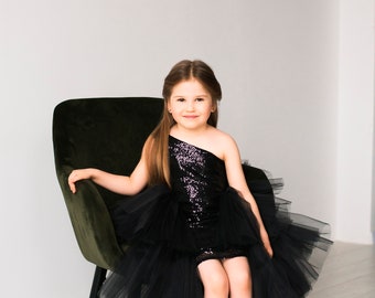 Black Sequins Girl tulle dress One shoulder dress First Birthday outfit Black Sparkle girl dress Photoshoot girl dress Toddler party dress