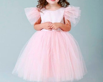 Pale Pink Satin Dress Flower girl Dress Baby First Birthday Outfit Pink girl dress Toddler party dress Fancy Dress Photoshoot Big Bow dress