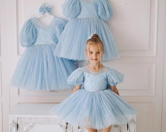 Blue Girl Tulle dress with pearls Baby blue dress First Birthday outfit Blue girl dress Photoshoot girl dress Toddler dress Flower girl