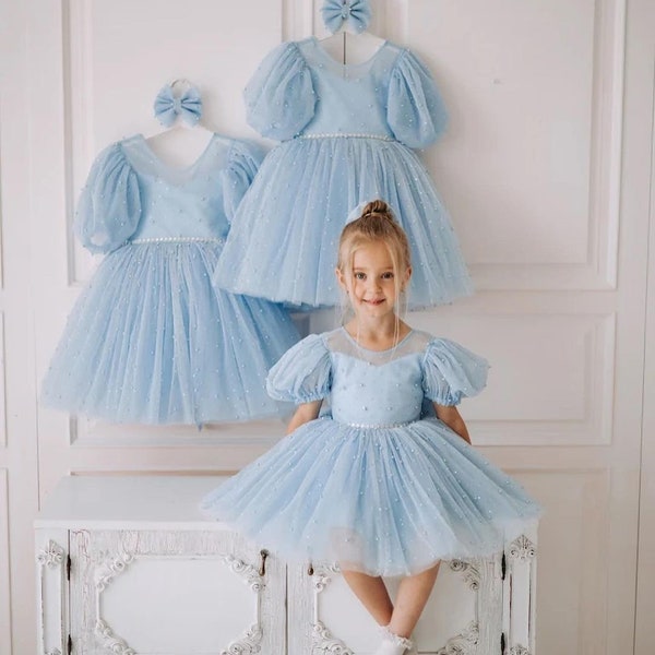 Robe Blue Girl Tulle avec perles Robe bleue bébé Tenue de premier anniversaire Robe fille bleue Robe photoshoot fille Robe enfant en bas âge Robe fille de fleur