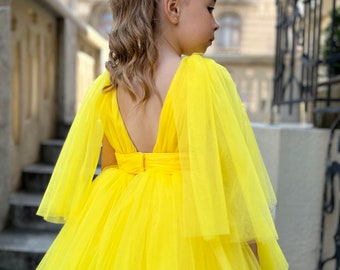 Robe Тulle jaune Robe de demoiselle d’honneur jaune Première tenue d’anniversaire Robe en tulle Photoshoot robe Boho fille robe Toddler party dress