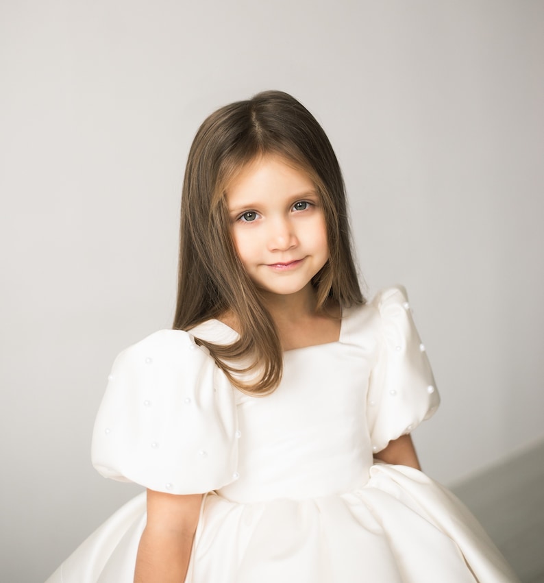 Ivory Satin dress, White Flower Girl dress, First Birthday dress, Ivory Girl Dress, Princess dress, Toddler party dress, Fancy dress girl image 5